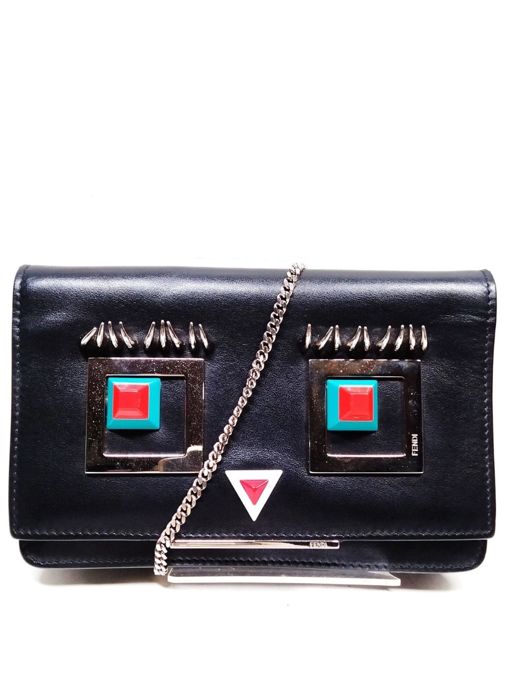 FENDI Monster Face Black Leather Chain Wallet Crossbody Bag